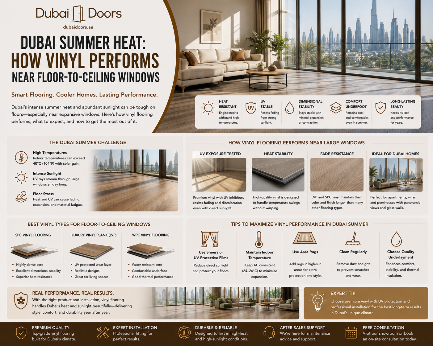 Dubai Summer Heat: How Vinyl Performs Near Floor-to-Ceiling Windows